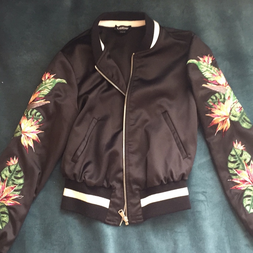 Bebe Palm & Birds of Paradise Silk Bomber